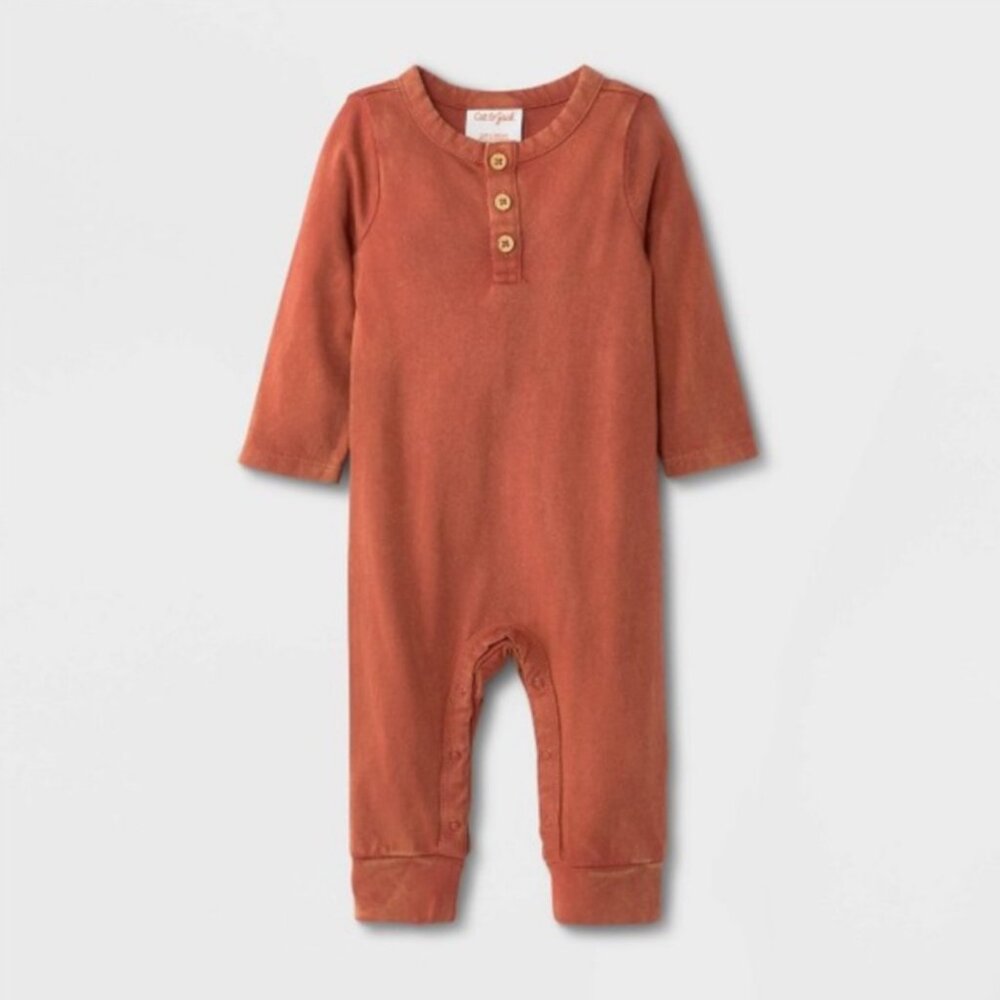Cat and Jack Baby Henley Button Long Sleeve Romper Cinnamon Orange NWT